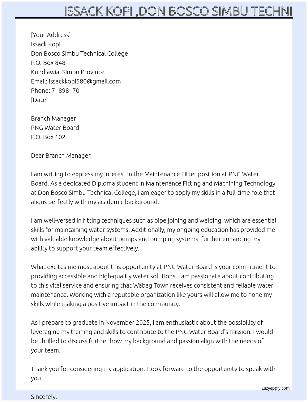 Maintenance Fitter  At PNG Water board,p o box 102 Cover Letter