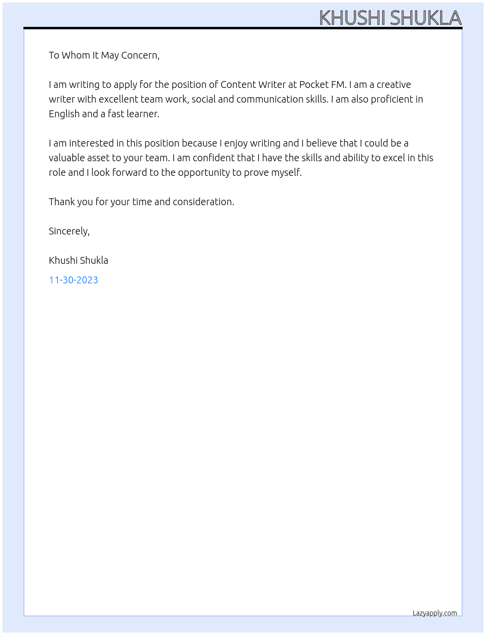 Content writer At Pocket fm Cover Letter