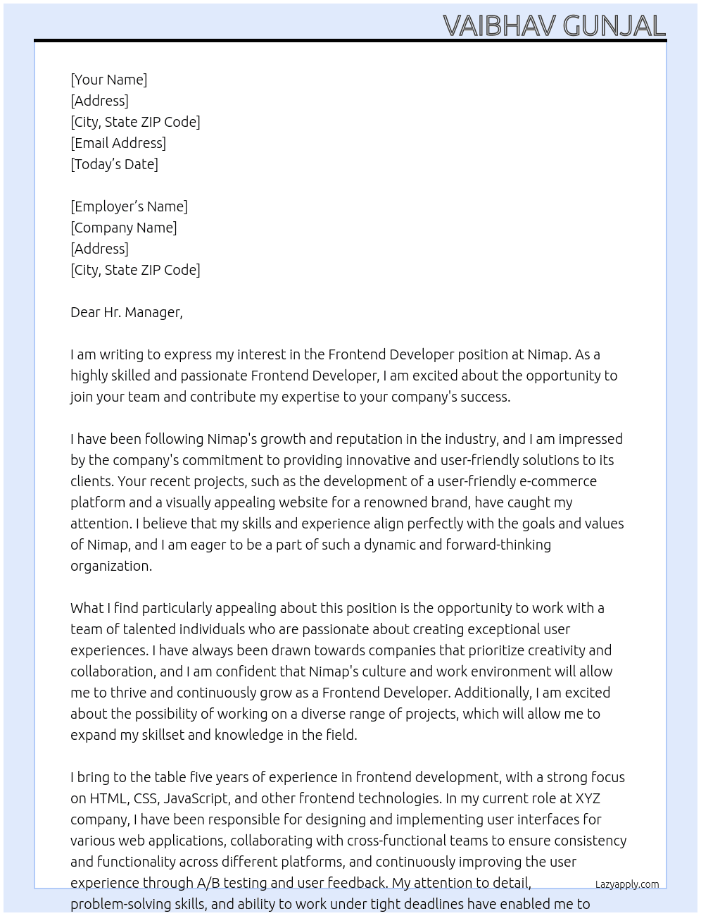 Frontend Developer At Nimap Cover Letter