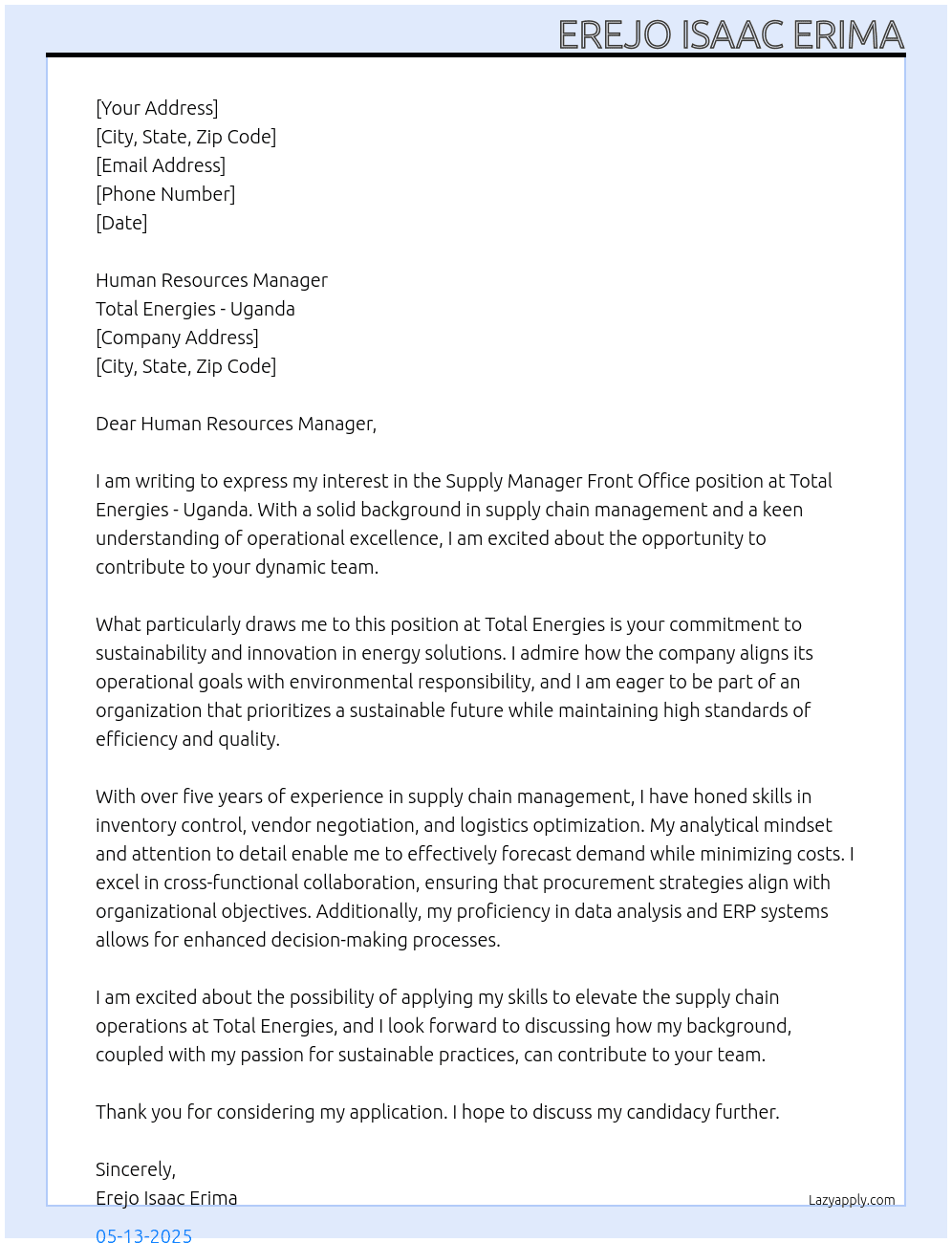 Supply Manager Front Office At Total Energies - Uganda  Cover Letter