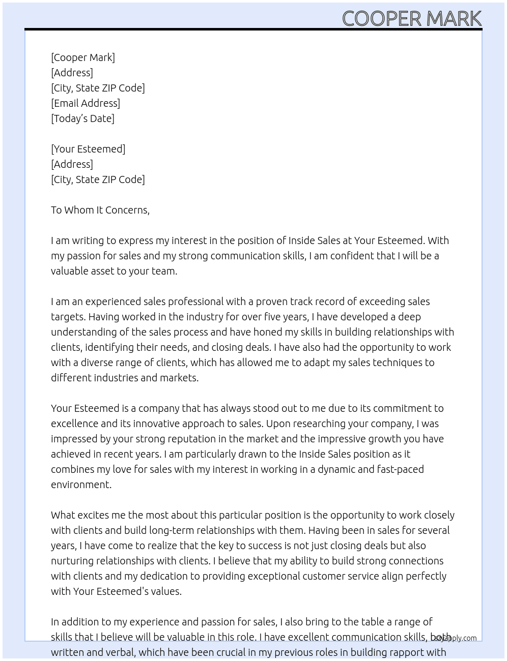 Inside Sales At Your Esteemed  Cover Letter