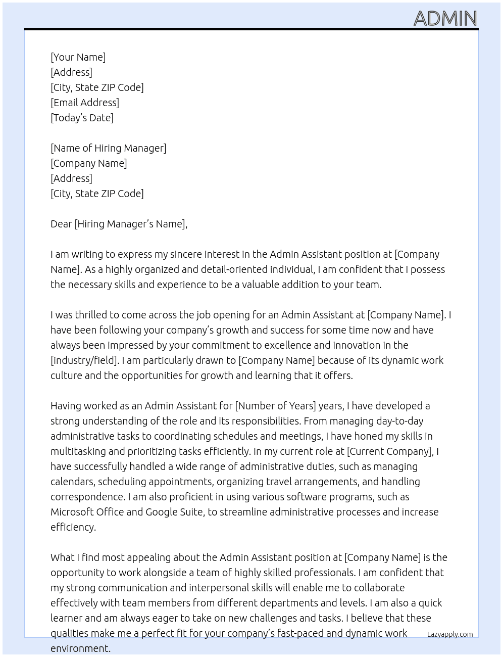 Admin Assistant At Admin Cover Letter
