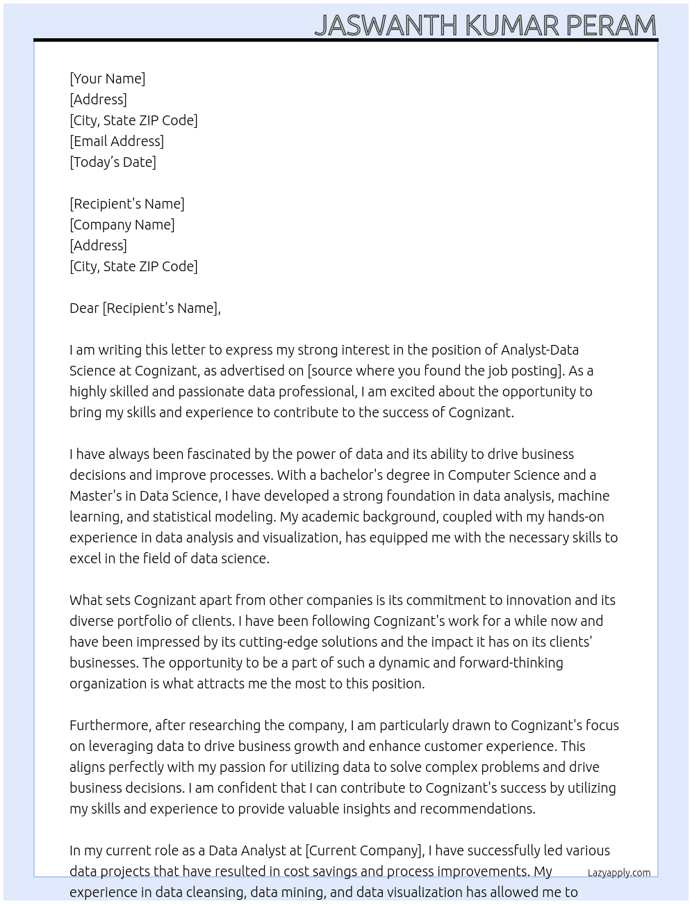 Cover letter for analyst-data science - LazyApply
