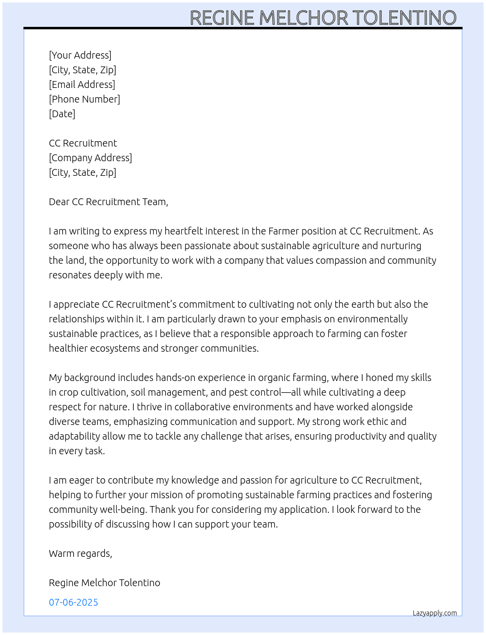 Farmer  At CC Recruitment  Cover Letter
