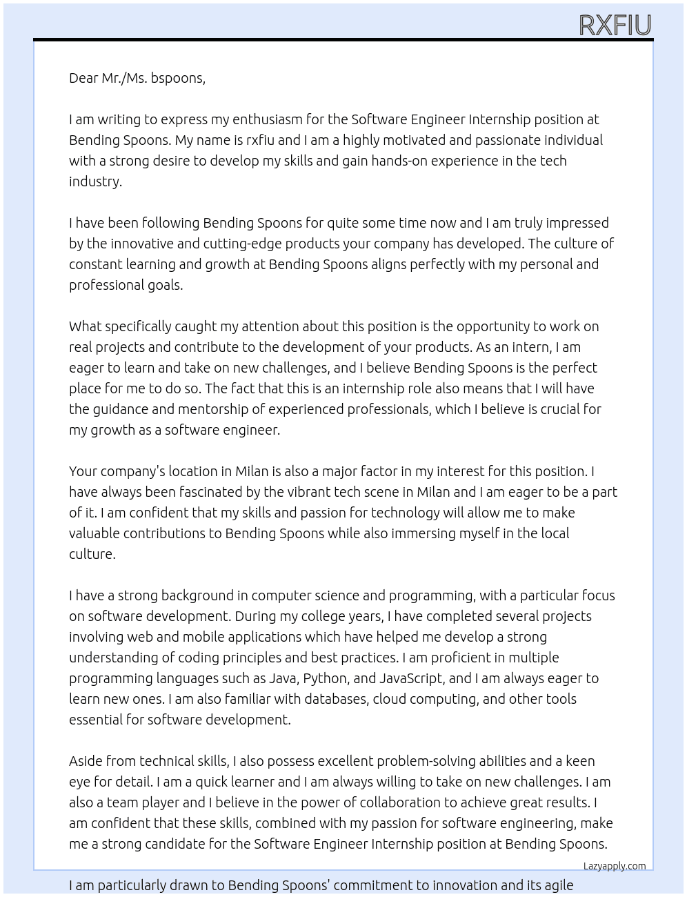 software engineer internship At Bending Spoons Cover Letter