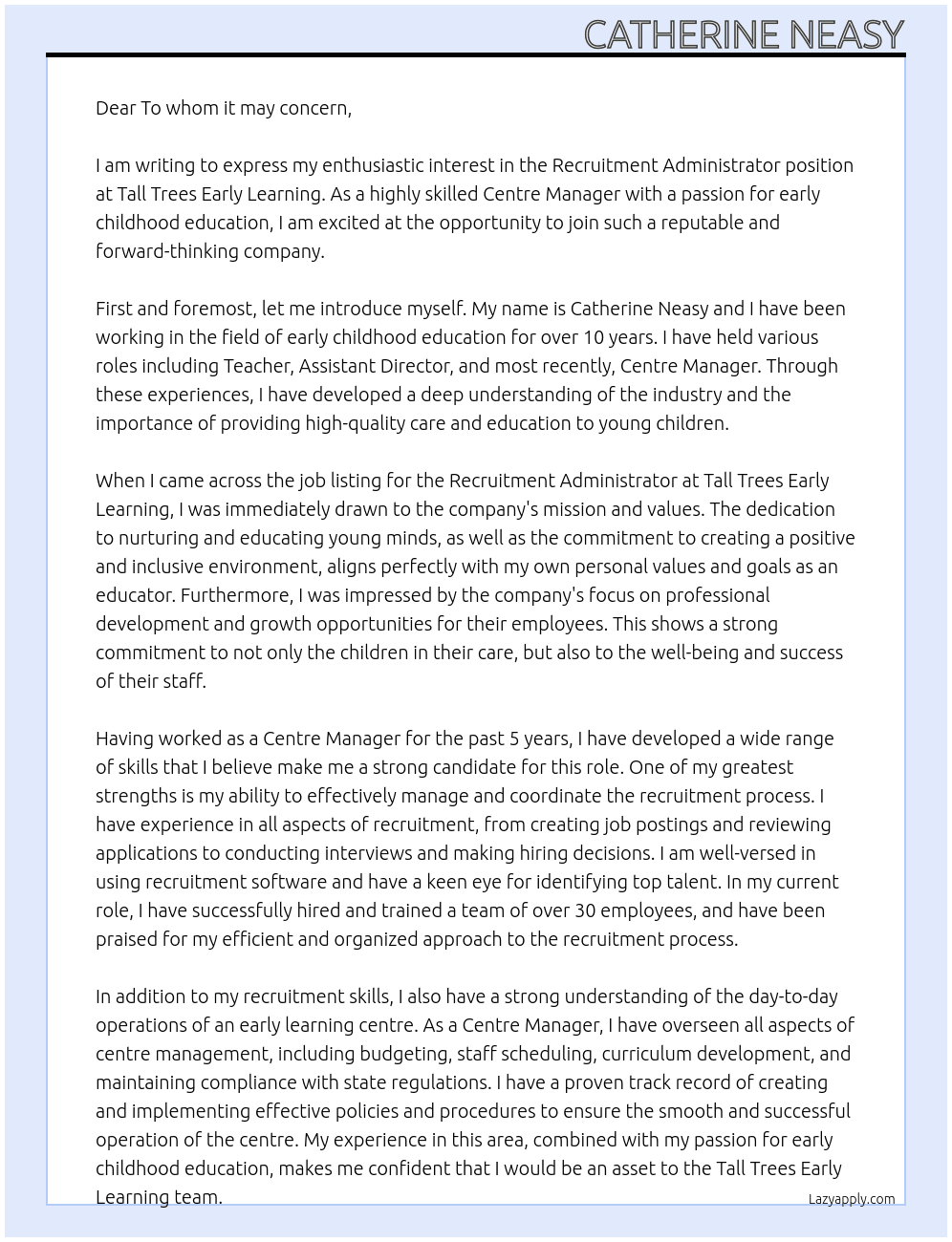 Recruitment Administrator At Tall Trees Early Learning Cover Letter