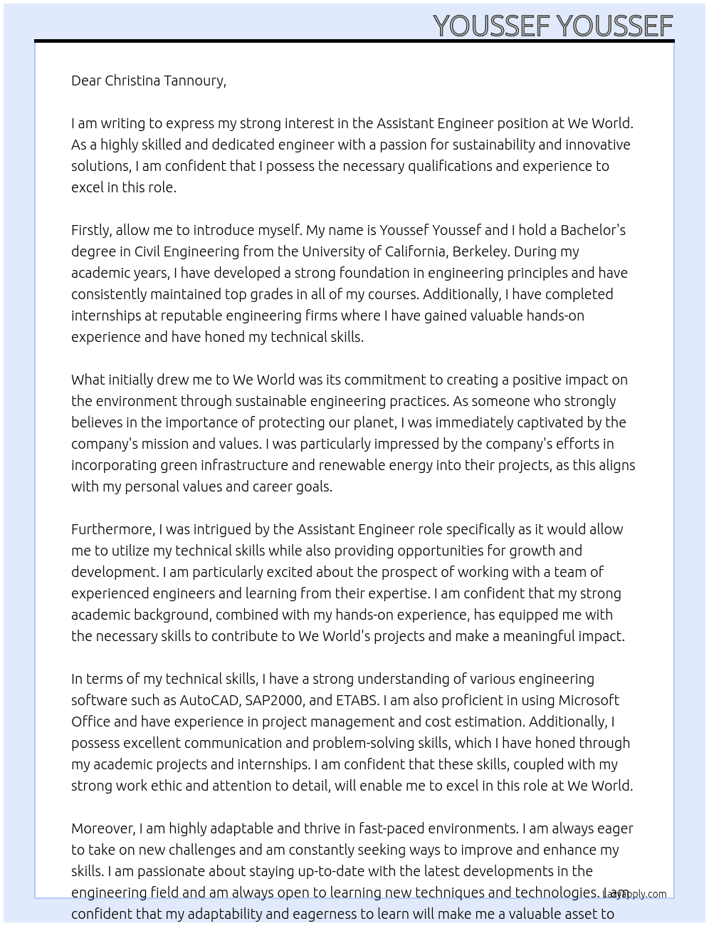 Assistant Engineer At We World Cover Letter