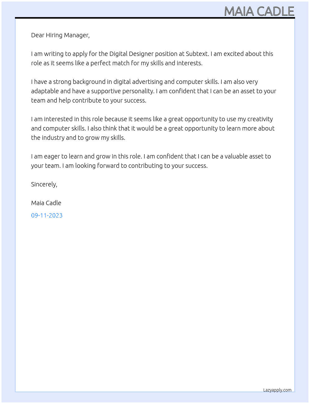 Digital designer At Subtext Cover Letter