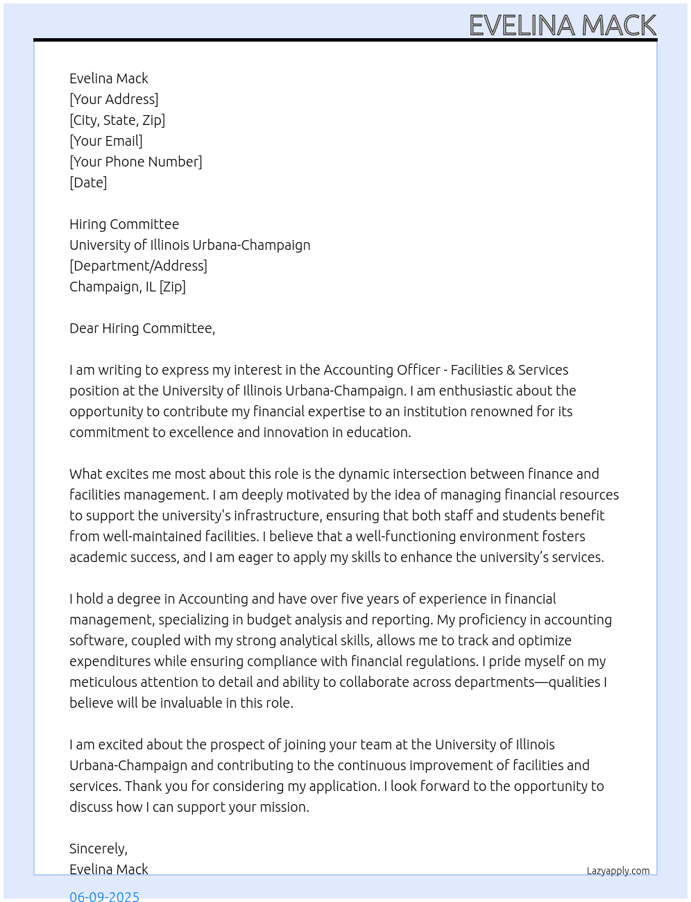 Accounting Officer - Facilities & Services At University of Illinois Urbana-Champaign Cover Letter
