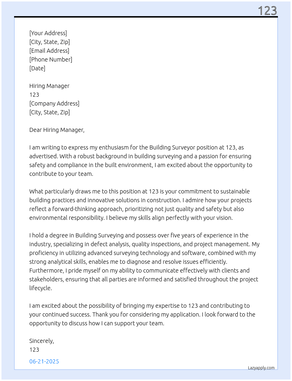 Cover letter for building surveyor - LazyApply