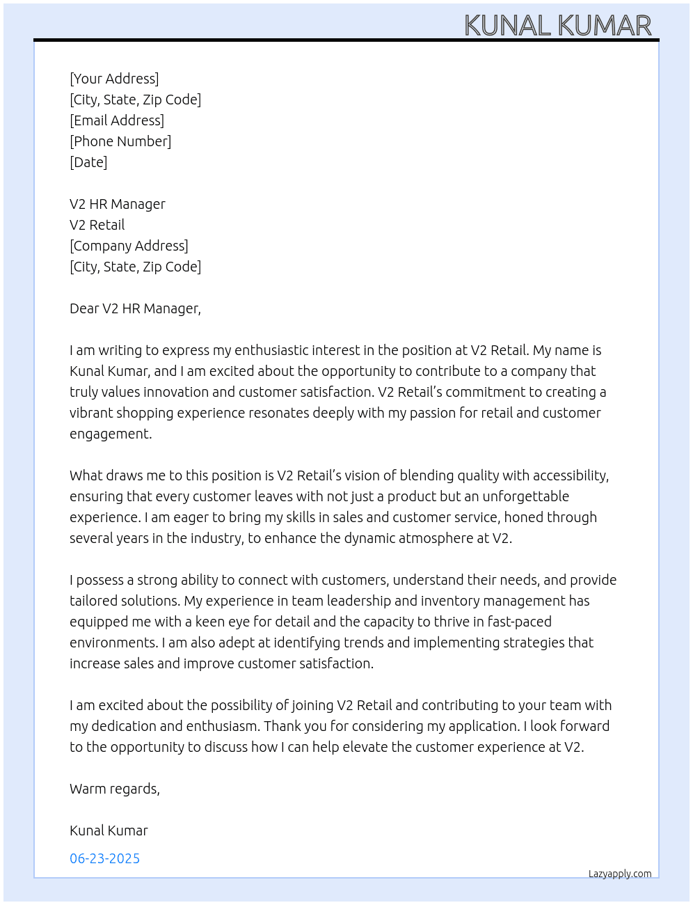 V2 retail  At V2 retail  Cover Letter