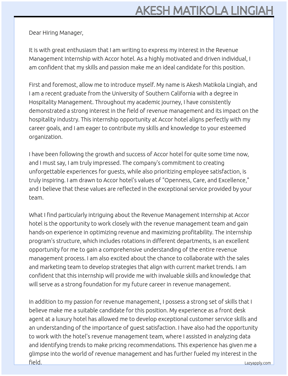 Revenue management internship  At Accor hotel Cover Letter