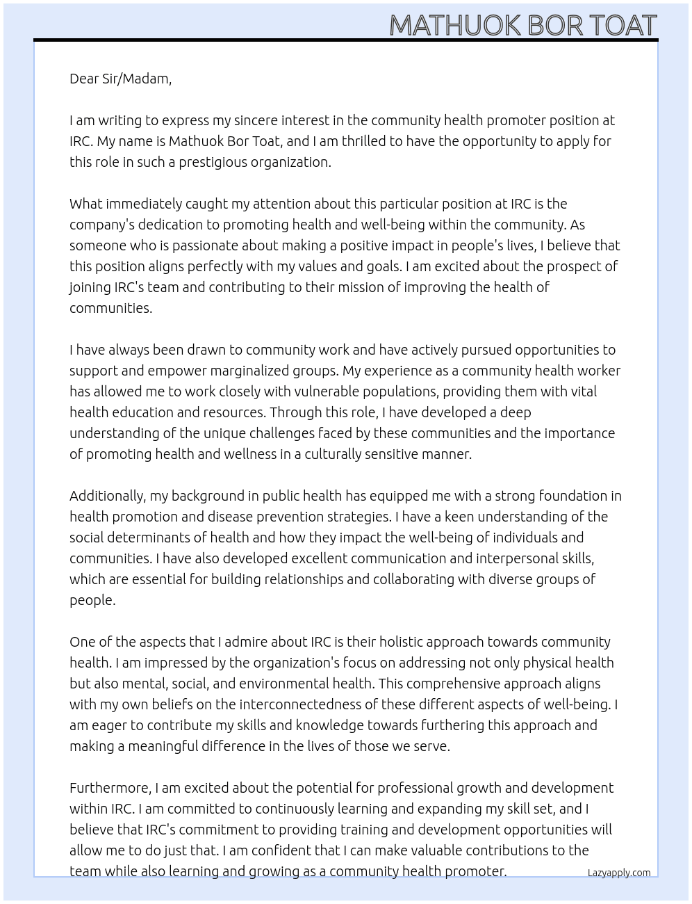 community health promotor At IRC Cover Letter