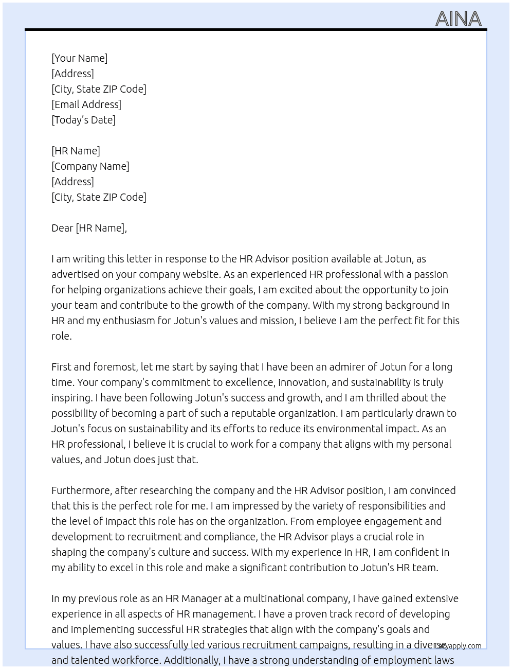 HR advisor At Jotun Cover Letter