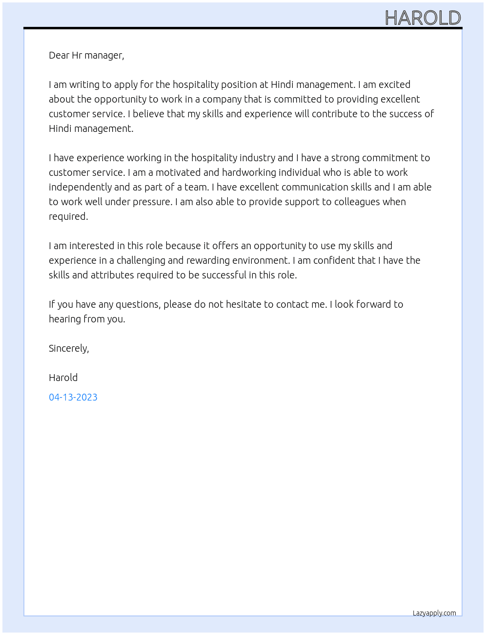 Hospitality  At Hindi management Cover Letter