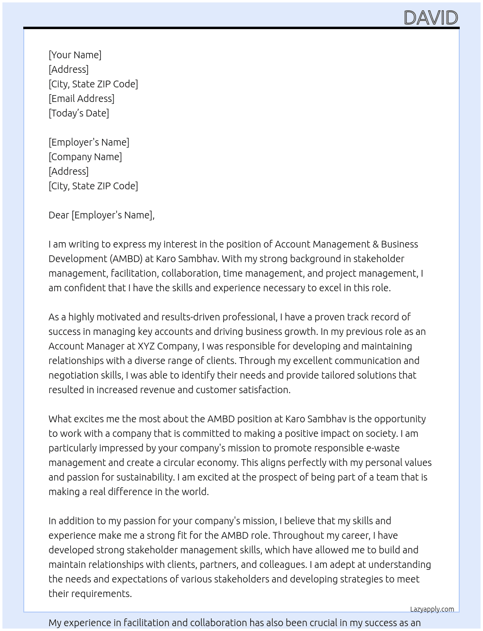 Account Management & Business Development (AMBD ) At Karo Sambhav Cover Letter
