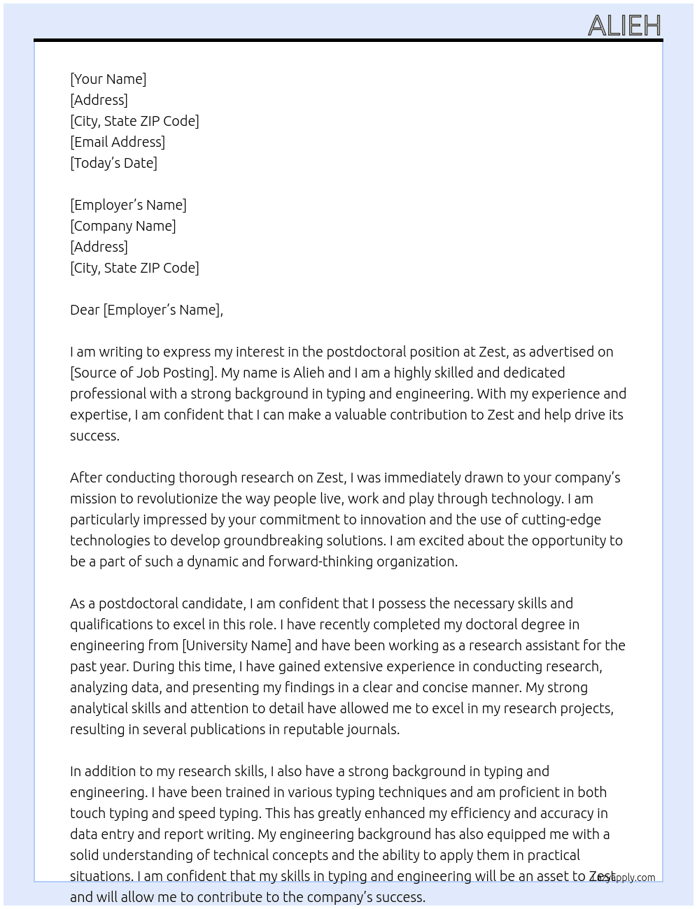 postdoctorial At Zest Cover Letter
