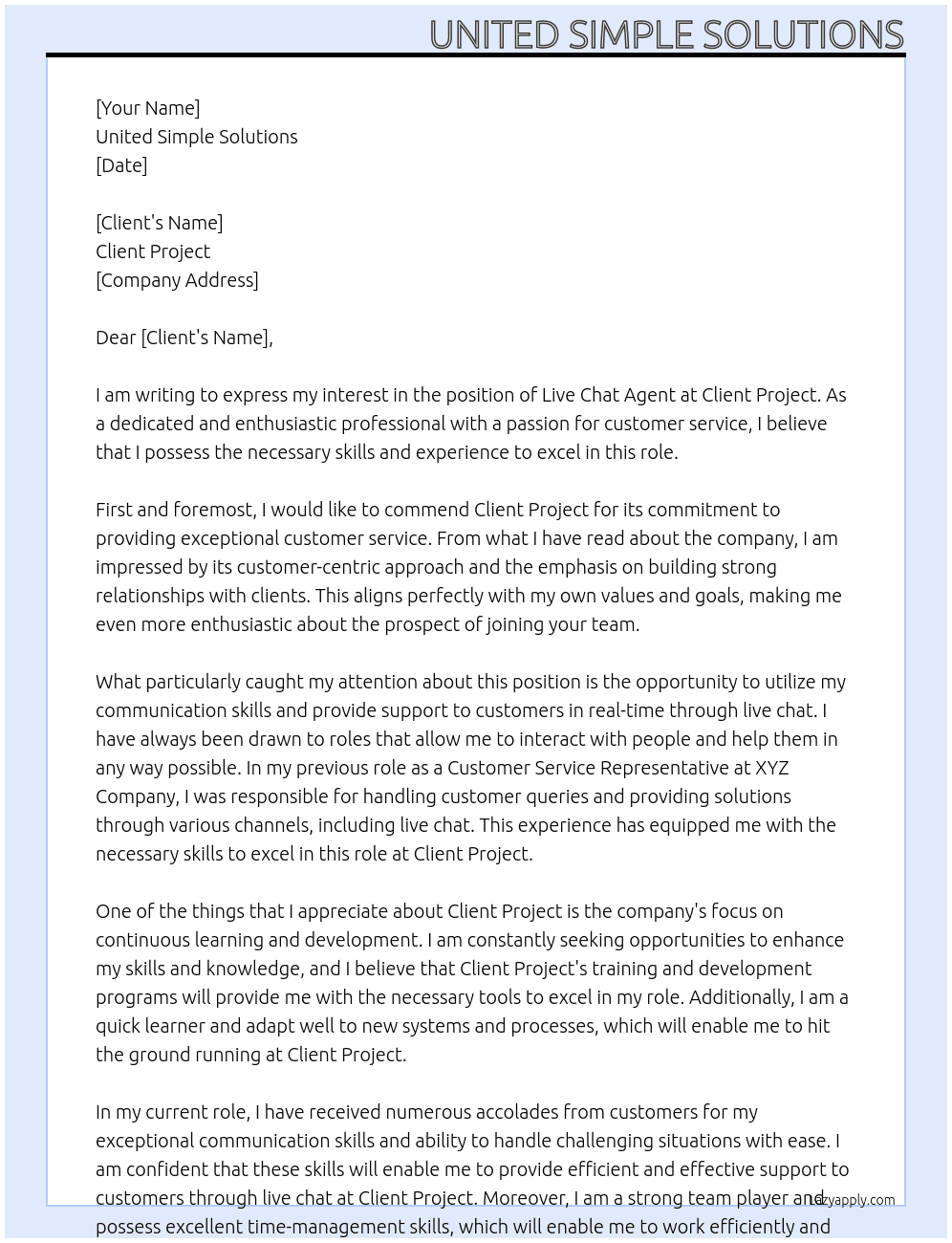Live Chat Agent At client project Cover Letter