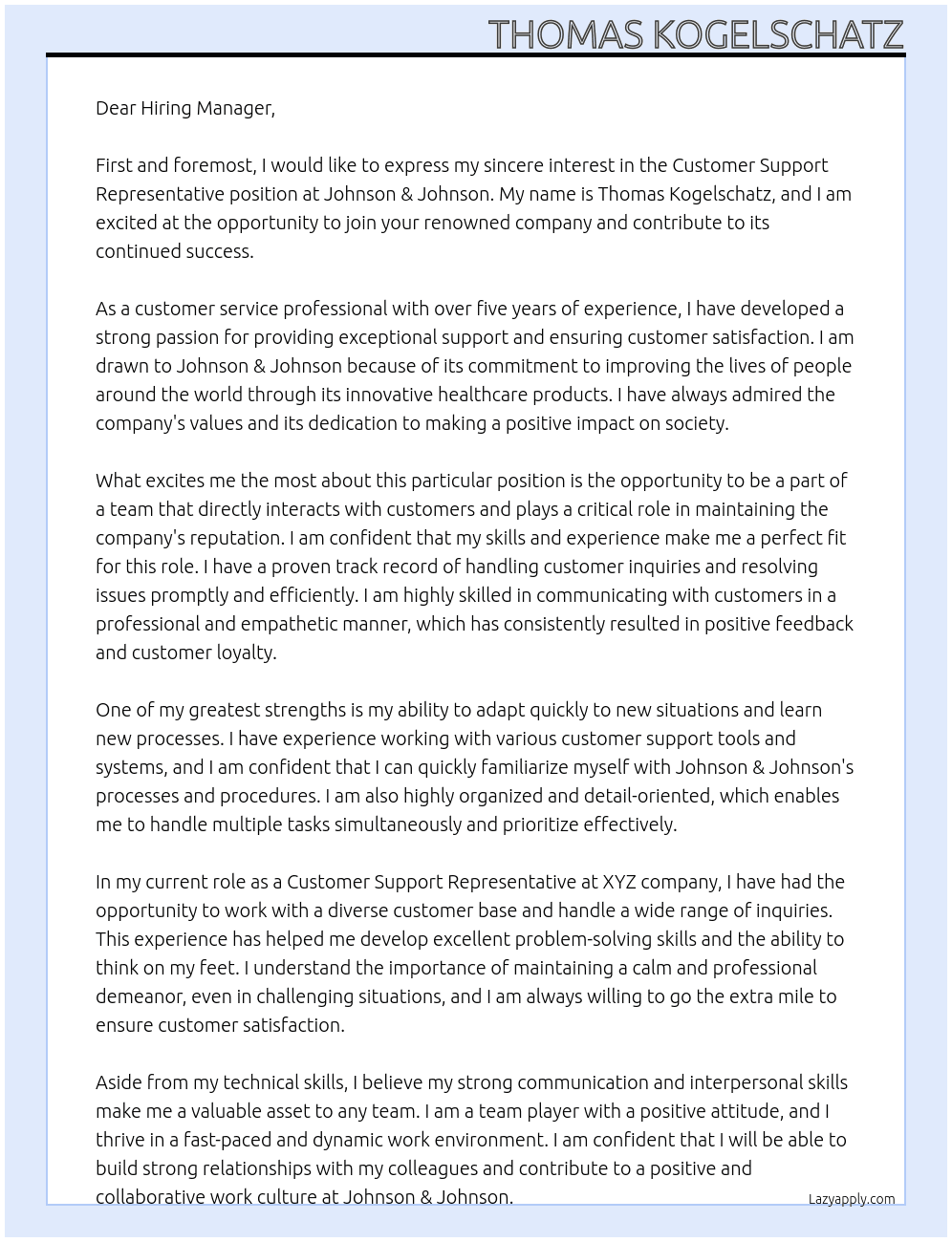 Customer Support Representative At Johnson & Johnson Cover Letter