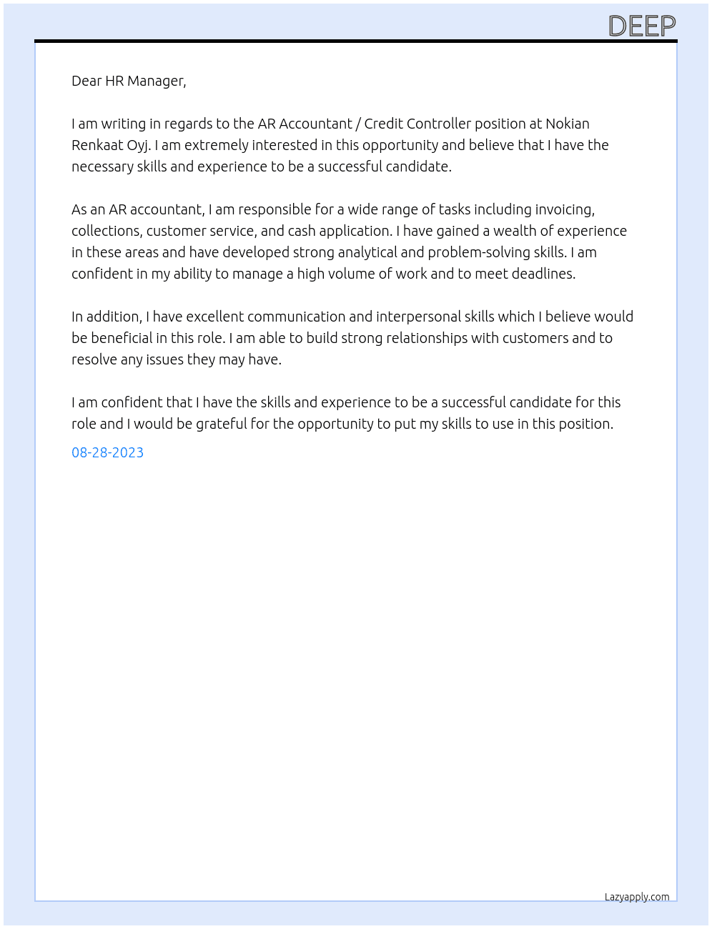 AR Accountant / Credit Controller At Nokian Renkaat Oyj Cover Letter