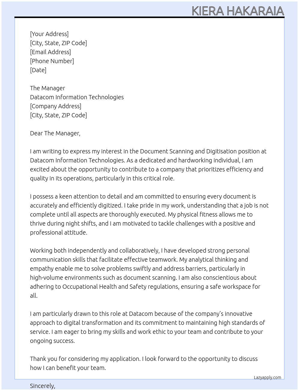 Document Scanning and Digitisation At Datacom Information Technologies Cover Letter