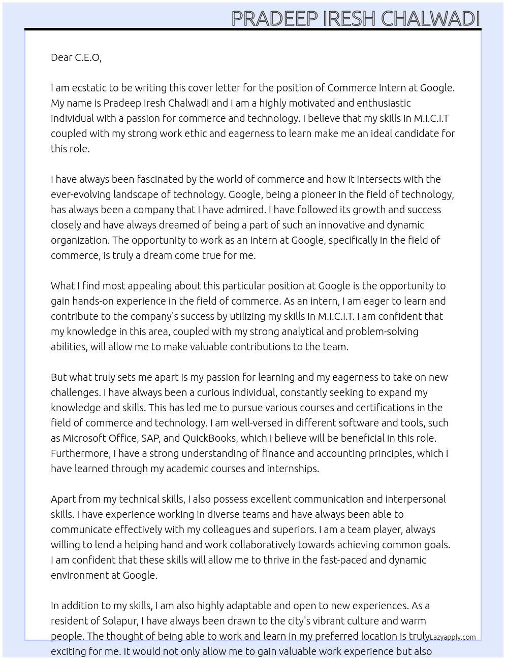 Commerce At Google Cover Letter