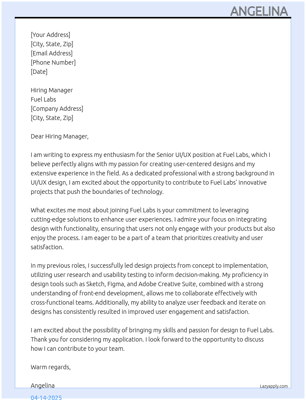 Senior UI/UX  At Fuel labs  Cover Letter