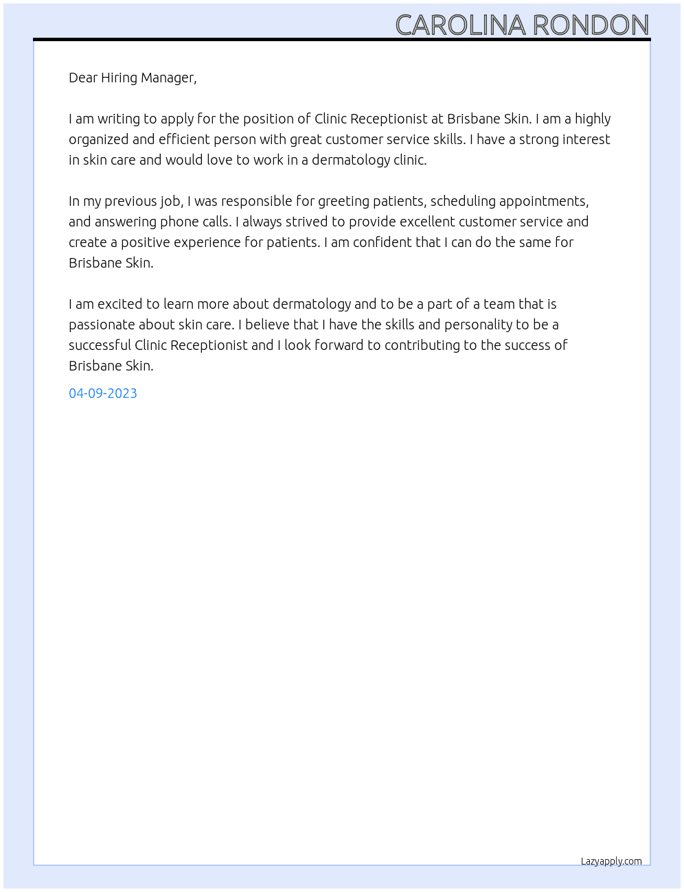 clinic receptionist At Brisbane Skin dermatologits Cover Letter
