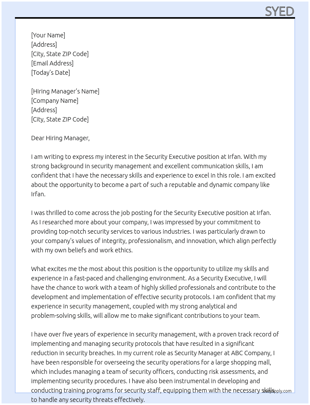 Security Executive At Irfan Cover Letter
