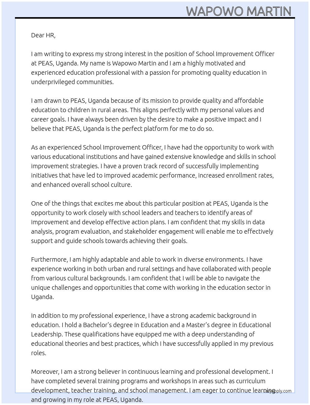 school improvement officer At PEAS, Uganda  Cover Letter