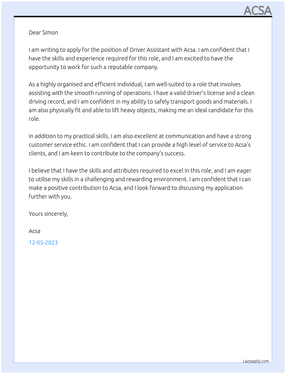Driver assistant At Acsa Cover Letter