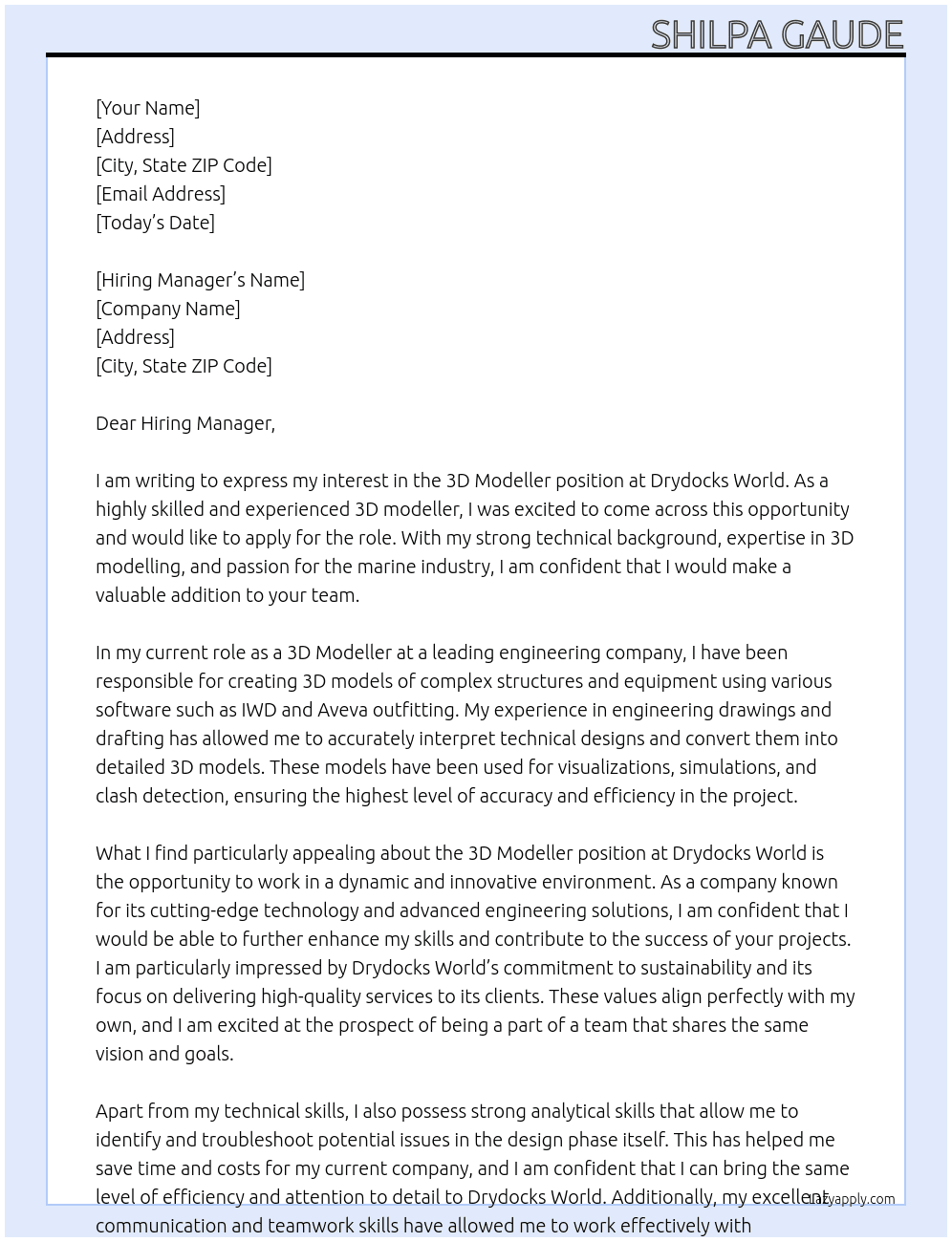 3D modeller  At Drydocks world Cover Letter