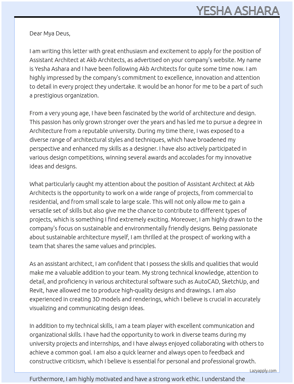 Assistant Architect At Akb Architects Cover Letter