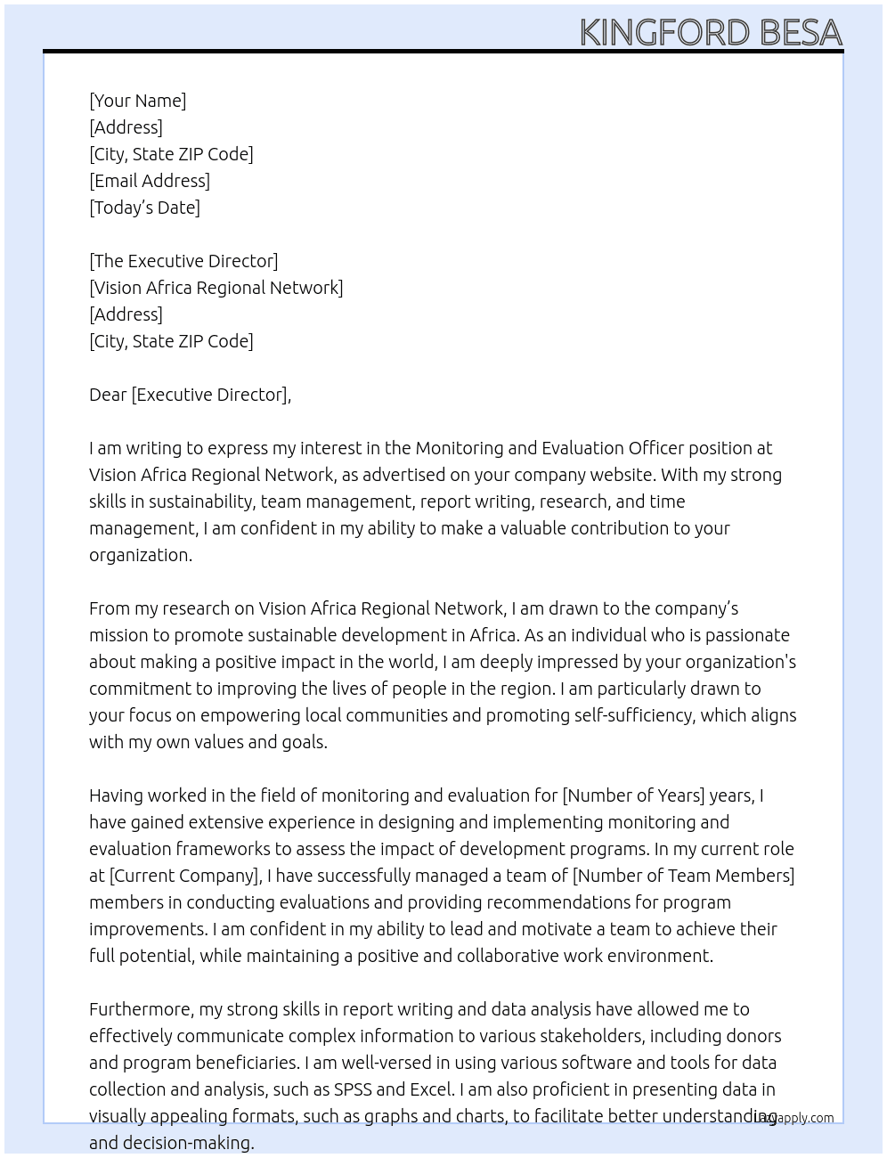 Monitoring and Evaluation Officer At Vision Africa Regional Network Cover Letter