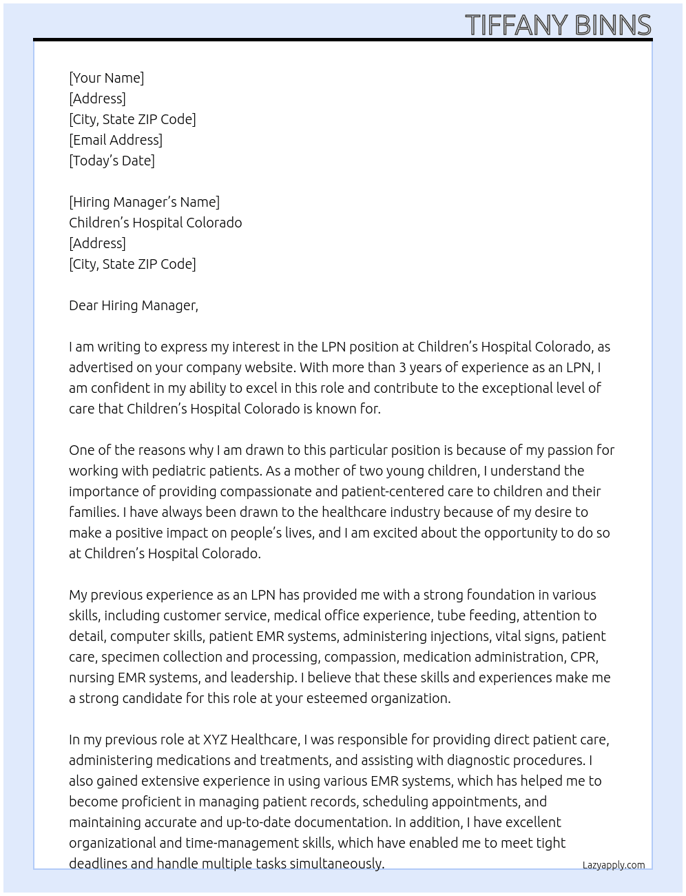 Lpn At Children’s Hospital Colorado Cover Letter