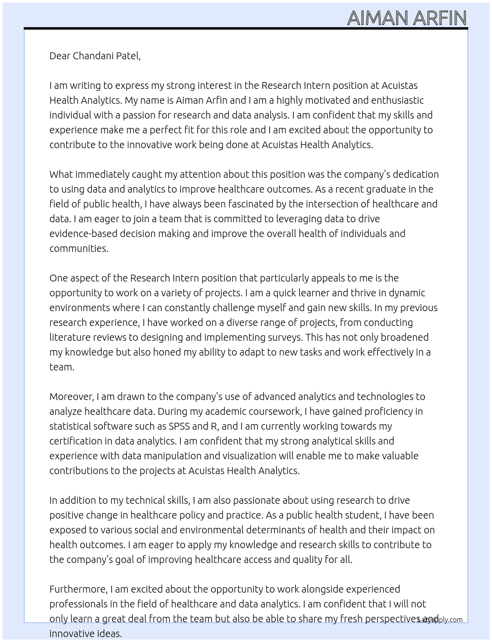 Research Intern At Acuistas Health Analythics Cover Letter