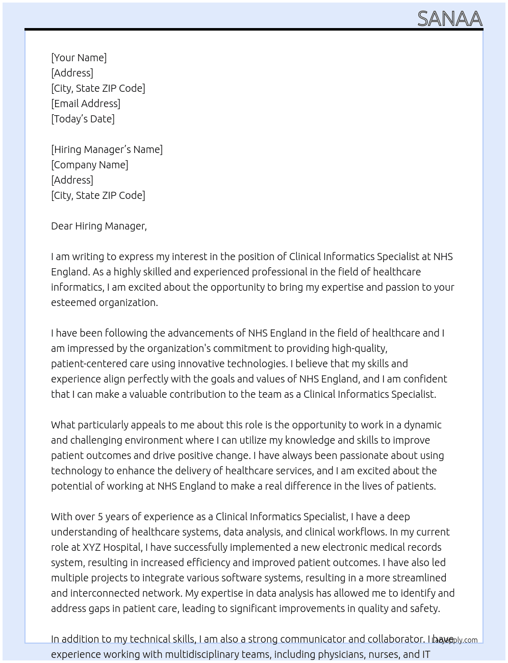 Clinical informatics specialist At NHS england Cover Letter