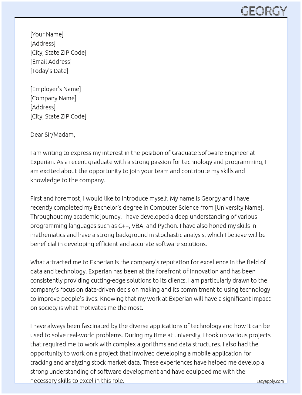 Graduate Software Engineer At Experian Cover Letter