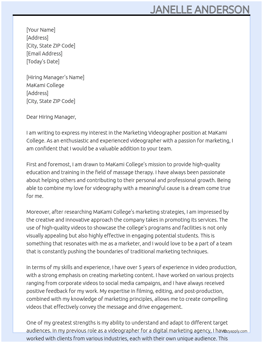 Marketing - Marketing Videographer At MaKami College Cover Letter