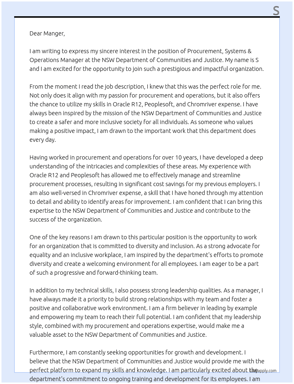 Procurement, Systems & Operations Manager At NSW Department of Communities and Justice Cover Letter