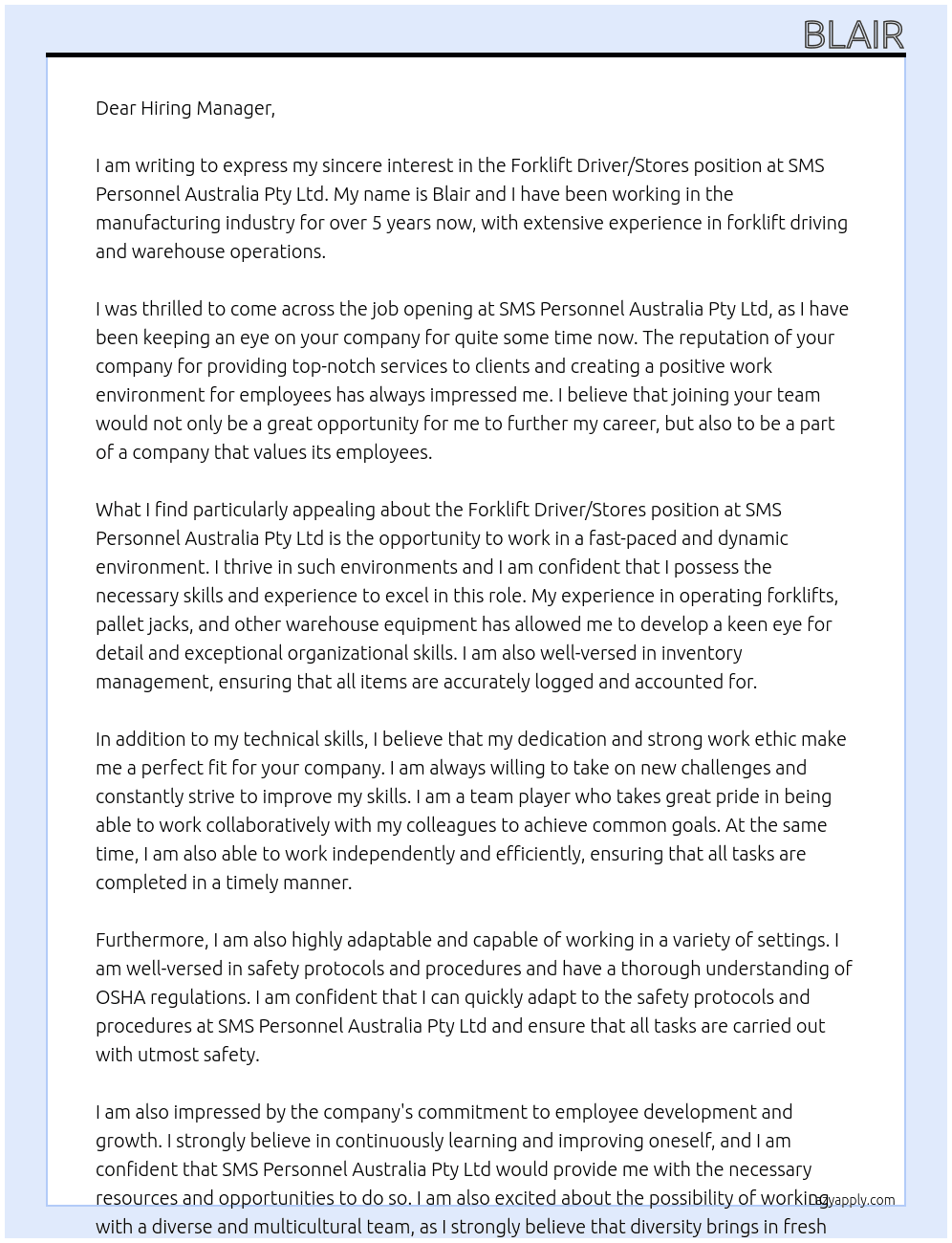 Forklift Driver/Stores - Manufacturing At SMS Personnel Australia Pty Ltd Cover Letter