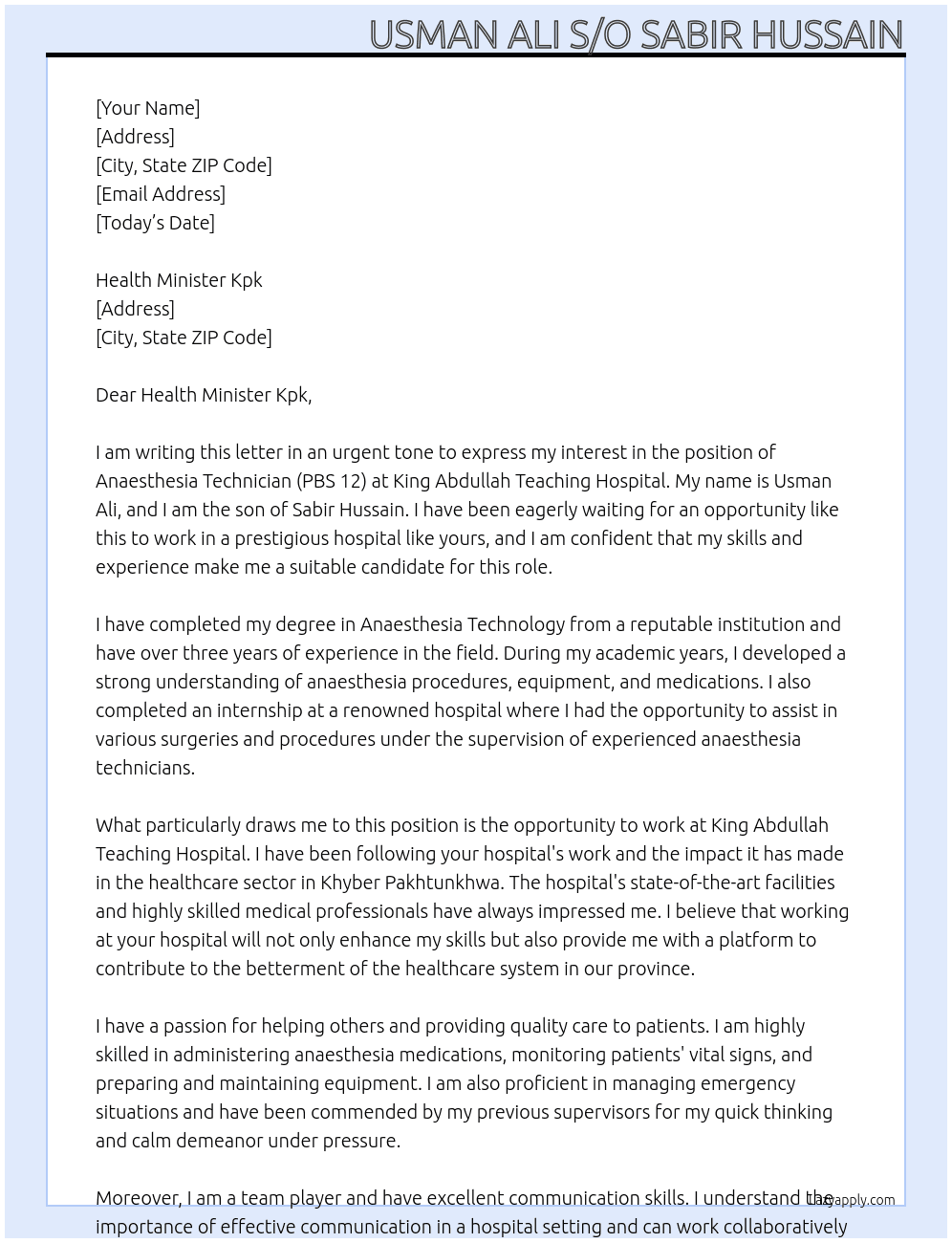 Anaesthesia  Technician (PBS 12) At King Abdullah teching Hospital any other relevent Hospital Cover Letter