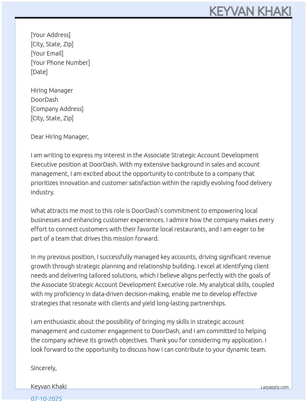 Associate Strategic Account Development Executive At Door Dash Cover Letter