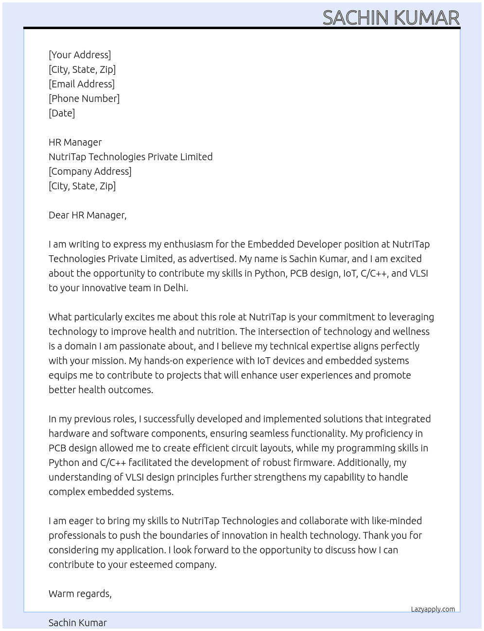 Embedded developers  At NutriTap Technologies Private Limited Cover Letter