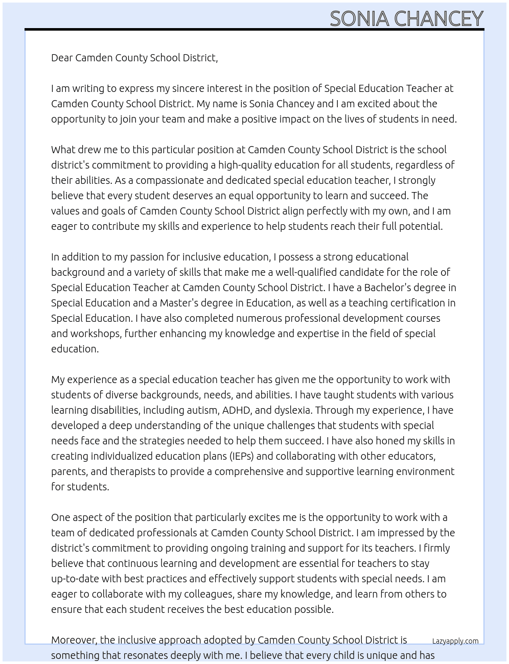 Special Education Teacher At Camden County School District Cover Letter