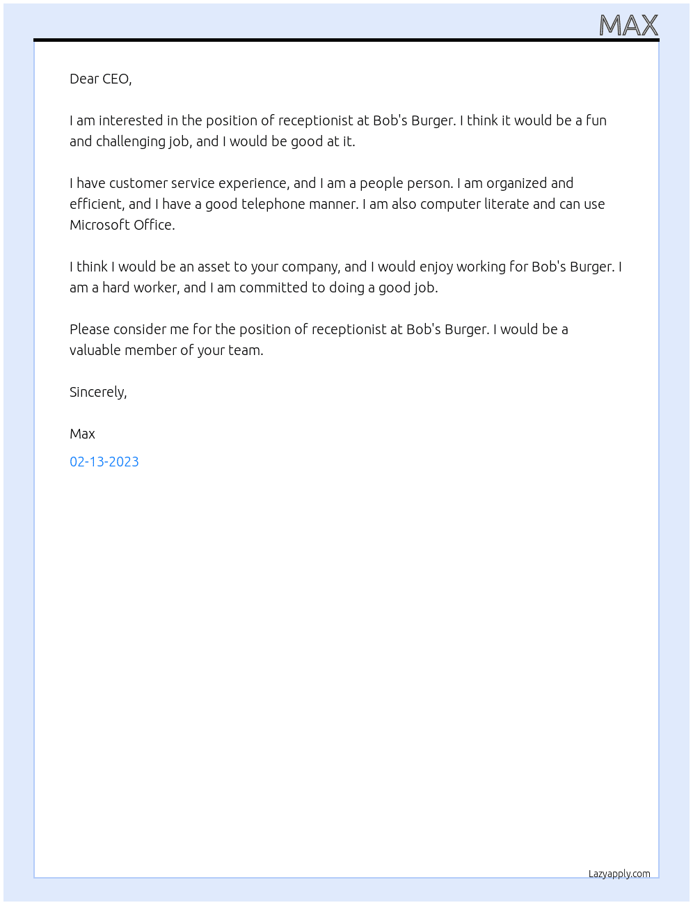 receptionist At bob's burger Cover Letter