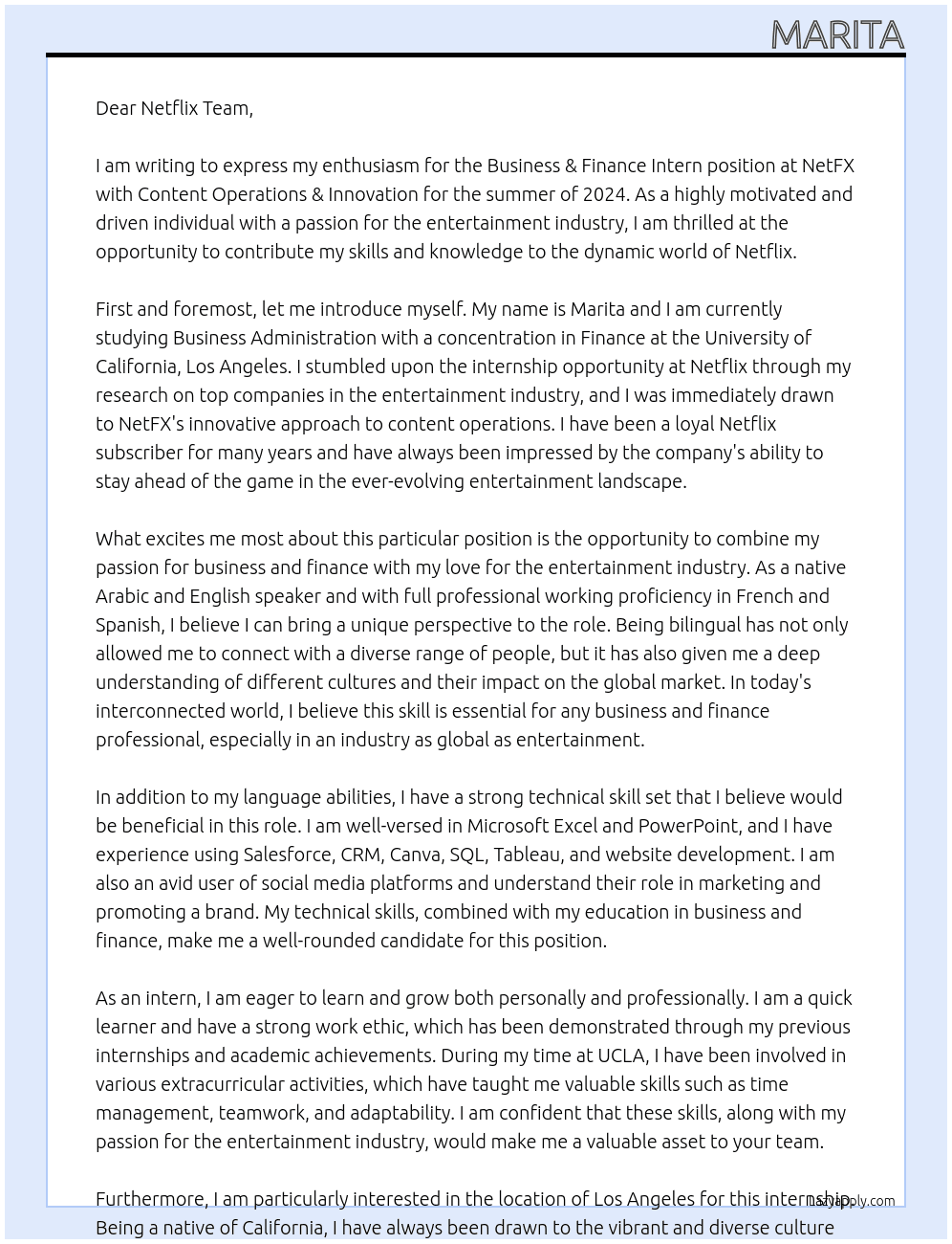 Business & Finance Intern, NetFX, Content Operations & Innovation (Summer 2024) At Neyflix Cover Letter