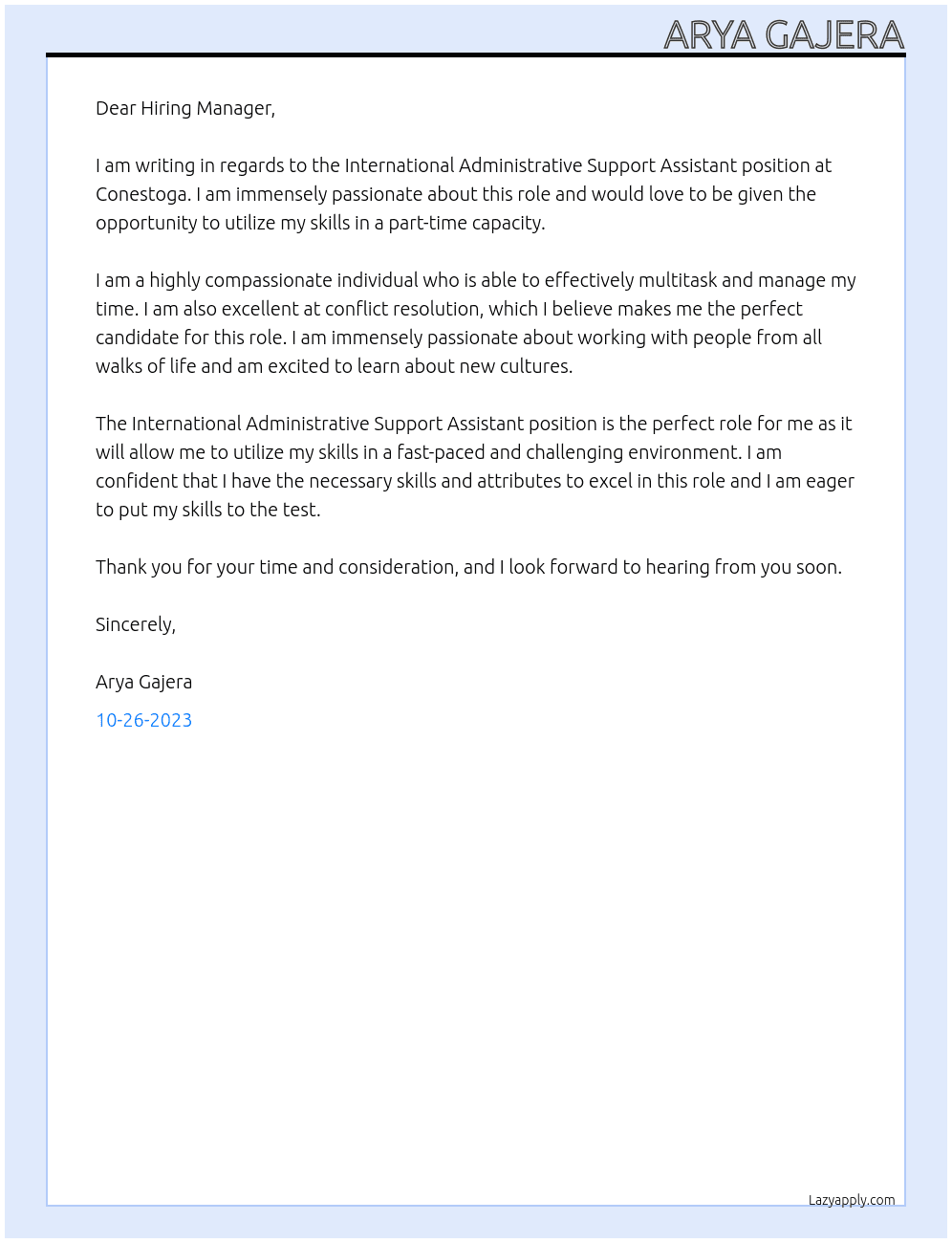 International Administrative Support Assistant At Conestoga Cover Letter