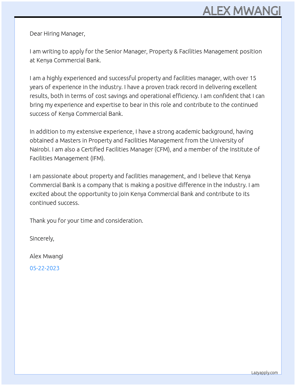 Senior Manager, Property & Facilities Management At Kenya Commercial Bank Cover Letter