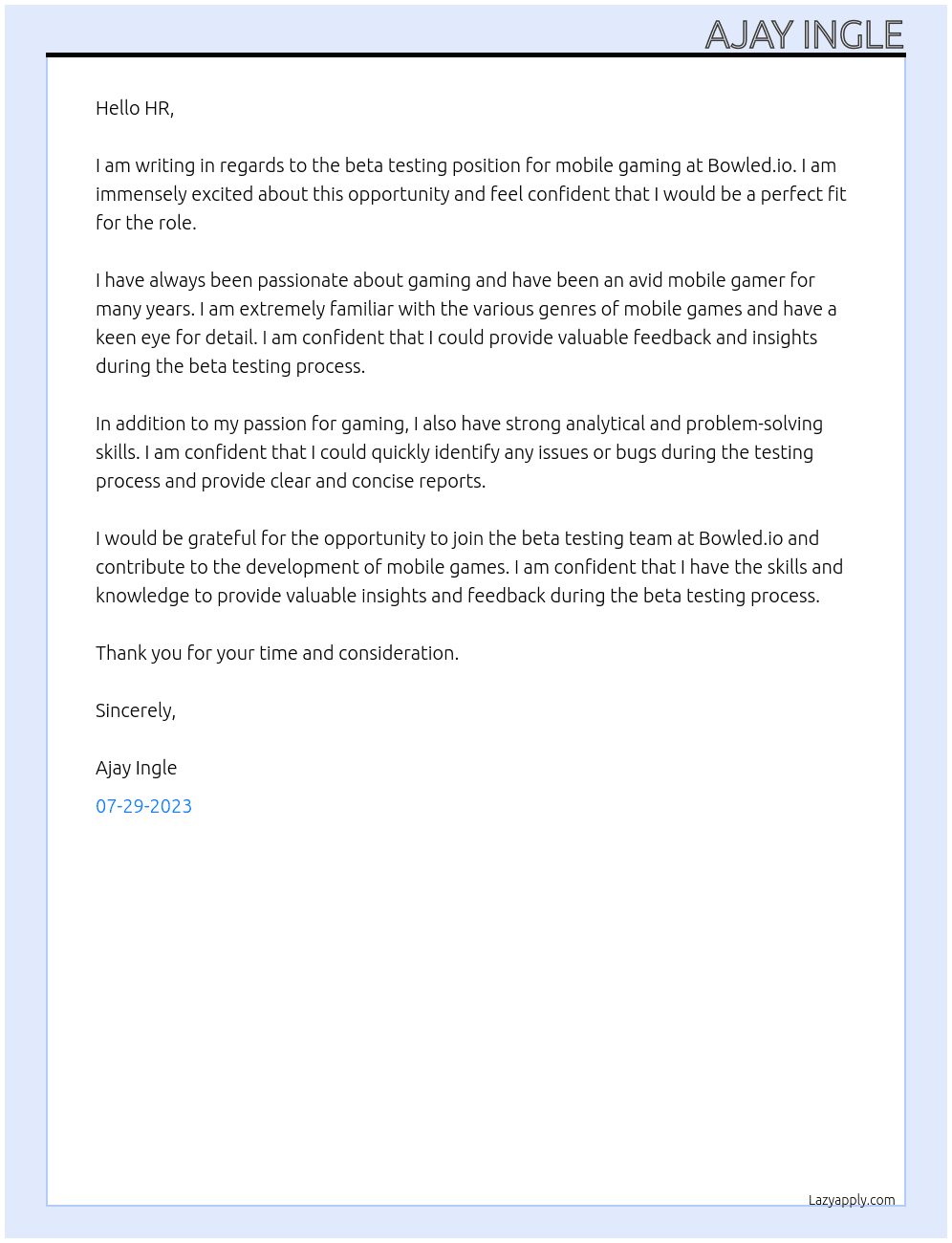 Beta testing mobile gaming  At Bowled.io Cover Letter